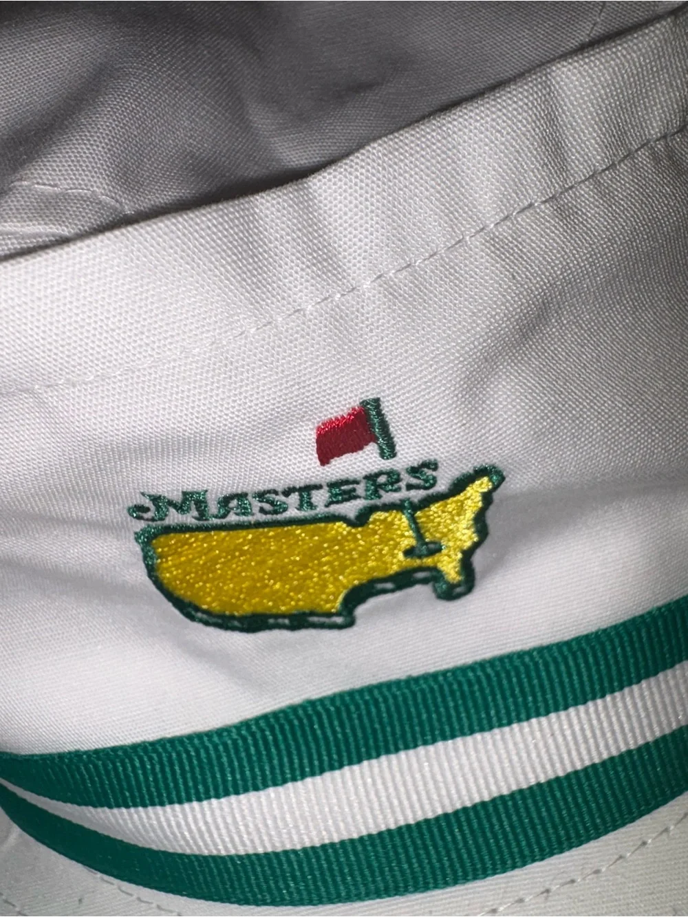 NWT Masters White Bucket Hat with Green Stripe and Logo